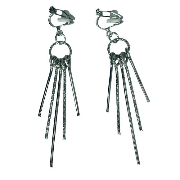 Silver Dangle Textured Rods Clip-On Earrings - Picture 4 of 4